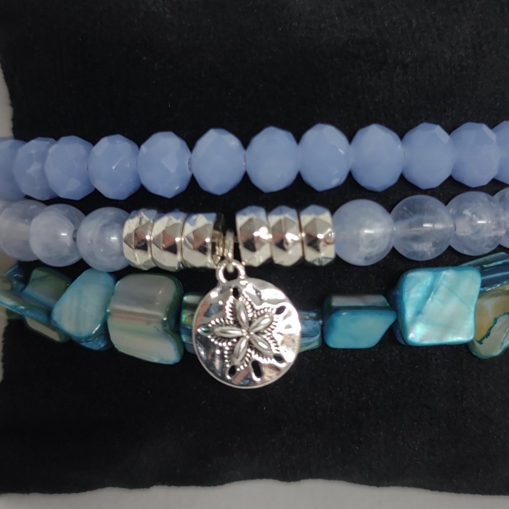 Sea Life Charm Stretch Bracelet set (Shades of Blue and Silvertone) 3pc set - Picture 2 of 8